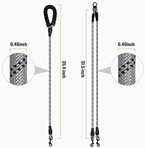Double Dog Leash Reflective Detachable Coupler &360° Swivel Tangle Free, Heavy Duty Rope Leash Control with Padded Handle for Dual Large Medium Dogs Walking Running Training (Silver) - Image 2