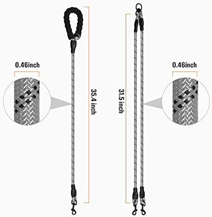 Double Dog Leash Reflective Detachable Coupler &360° Swivel Tangle Free, Heavy Duty Rope Leash Control with Padded Handle for Dual Large Medium Dogs Walking Running Training (Silver) - Image 2