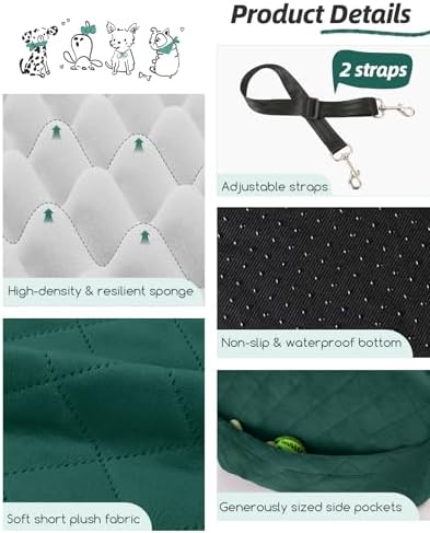Lealchum Dog Booster Car Seat for Small/Medium Dogs,6in Elevated Cushion,Fully Detachable and Washable,2 Storage Pockets & 3 Straps,Fits in Front/Back Seat,Easy to Install (Green,Medium) - Image 4