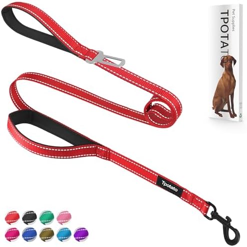 6 Foot Red Dog Leashes for Large Medium and Small Breed Dogs That Pull,Reflective Nylon Heavy Duty Dog Leash with 2 Comfortable Padded Traffic Handles and Car Seat Belt for Walking and Training by Tpotato