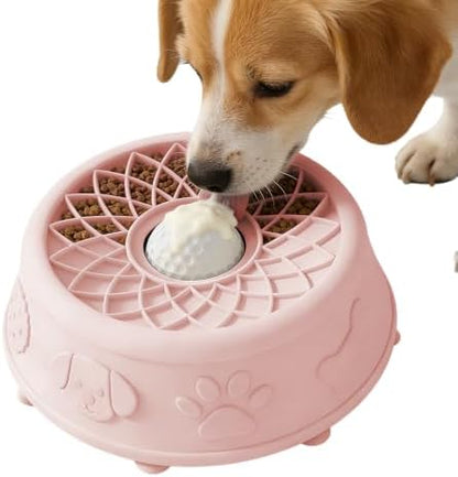 Slow Feeder Dog Bowl with Rolling Ball, No Spill Silicone Pet Lick Bowl for Dogs and Cats, Anti Slip Suction Base, Interactive Pet Feeder for Slower Eating and Cleaner Mealtime (Pink) by Unknown