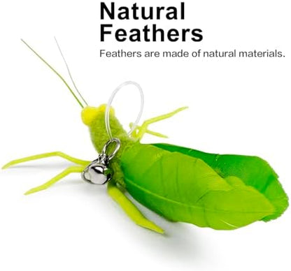 TTcat 3 Pack Grasshopper Cat Wand Refills, Realistic Green Insect Natural Feather Detachable Replacement Toy with Bell, Universal Lobster Clip-on Cat Teaser Attachments. - Image 2