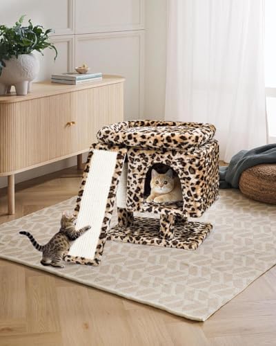 SYANDLVY Small Leopard Print Cat Tree with Perch for Indoor Cats, Cat Tower with Scratching Post, Modern Activity House for Large Cats, Condo with Board, Kittens Cave - Image 6