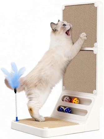 Cat Scratcher Cat Scratch Pad L Shape Wall Mounted Dual Use (Vert/Horiz) Kitten Bunifa Scratching Card Board Vertical Post with Ball Toys Feathers,Protecting Furniture Core is Replaceable Large White by Bunifa
