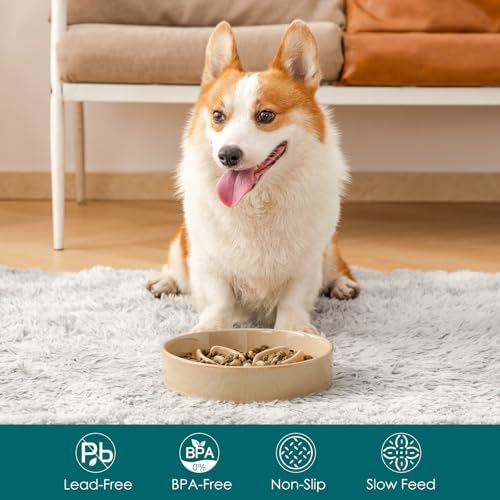 vancasso Ceramic Slow Feeder Dog Bowls, Puzzle Dog Food Bowls with Floral Maze, Anti -Slip Pet Food Dish for Medium Breed, 1.5 Cups, Brown - Image 3