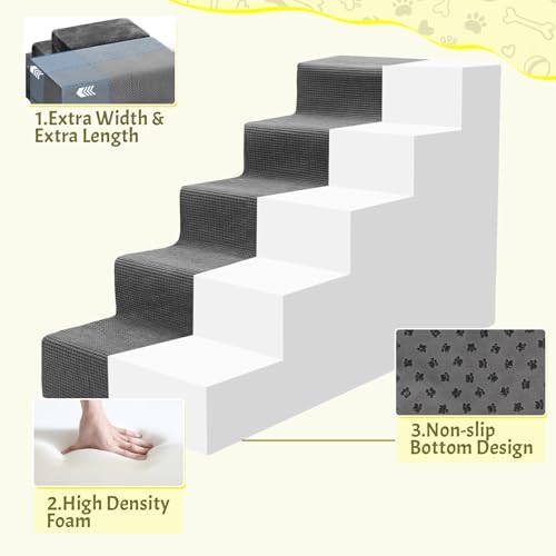 Niubya Dog Stairs for Small Dog and Cats,23”H Non-Slip Bottom Pet Steps for High Beds and Couch,Extra Wide High-Density Foam Pet Stairs Grey,5 Steps - Image 5
