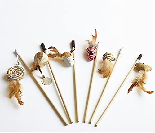 Artshu 6pcs 40cm Feather Linen Wand Cat Catcher Teaser Stick Interactive Toys Wood Rod Mouse Toy with Mini Bell - Image 4