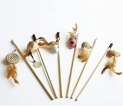 Artshu 6pcs 40cm Feather Linen Wand Cat Catcher Teaser Stick Interactive Toys Wood Rod Mouse Toy with Mini Bell - Image 4