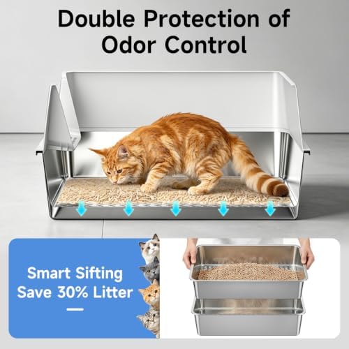 Stainless Steel Sifting Cat Litter Box for Pine Pellets, Light Gray - Image 6