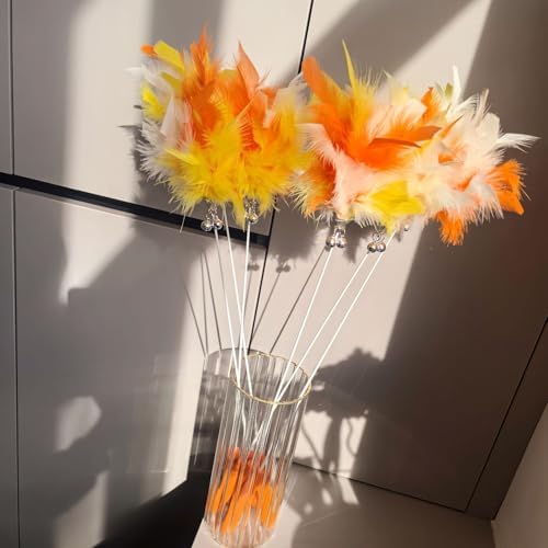 Cat Feather Wand Toy with Double Bells - Interactive Teaser Wand for Indoor Cats & Kittens, Colorful Feather Cat Teaser Wand Toy (Orange) - Image 2