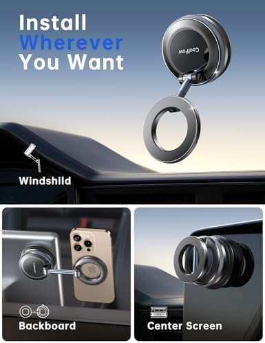 Coolpow【Newest Vacuum Magnetic Phone Holder for Car Phone Holder Mount【Movable Vacuum Suction】 Magsafe Car Mount Cell Phone Holders for Your Car Accessories for Women Men for iPhone 17 16 -Black - Image 2