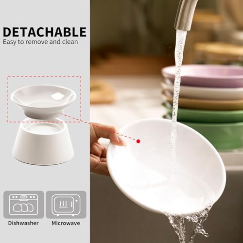 MS!MAKE SURE Cat Food Bowls Elevated - Ceramic Cat Water Bowls Whisker Friendly with Stand Tilted Non Slip Flat Detachable Anti Vomiting for Indoor Cats White - Image 6