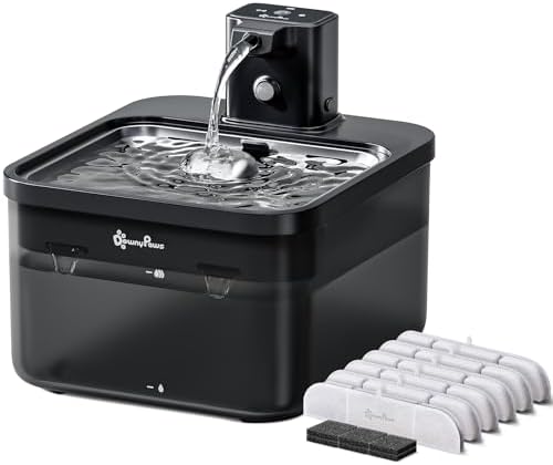 DownyPaws Cat Water Fountain Cordless, Pet Fountain, Black Pro, 6 Filters by DownyPaws