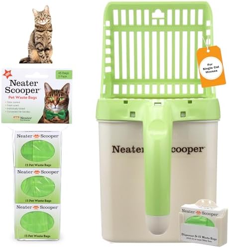 Neater Pet Brands Neater Scooper Standard Cat Litter Scoop, 60 Refill Bags – Mess-Free Cat Litter Scooper with Bag, Spill-Proof Kitty Box Sifter, Bin Doubles as Scoop Holder, For Single-Cat Households by NeaterPetBrands