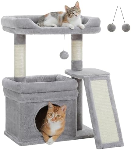 PEQULTI Small Cat Tree Tower for Indoor Cats with Large Perch, Grey by PEQULTI