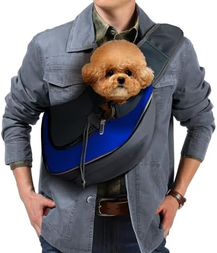 Pet Sling Carrier, Up to 5 lbs, Dog Papoose with Zipper Touch Pocket, Hand Free Breathable Mesh Puppy Carrier, Crossbody Satchel Dog Purse for Outdoor Travel, M, Blue by ExploreFreelyLoveSecurely