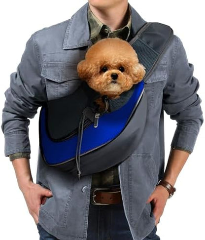 Pet Sling Carrier, Up to 5 lbs, Dog Papoose with Zipper Touch Pocket, Hand Free Breathable Mesh Puppy Carrier, Crossbody Satchel Dog Purse for Outdoor Travel, M, Blue by ExploreFreelyLoveSecurely