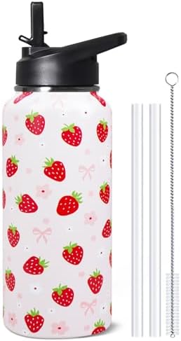32oz Strawberry Stainless Insulated Aater Water Bottle with Straw,Strawberry Floral Gym Hiking Sports Coffee Mug Cup Water Bottles,Strawberry Themed Gifts for Women,Strawberry Decor Stuff Accessories by Unknown