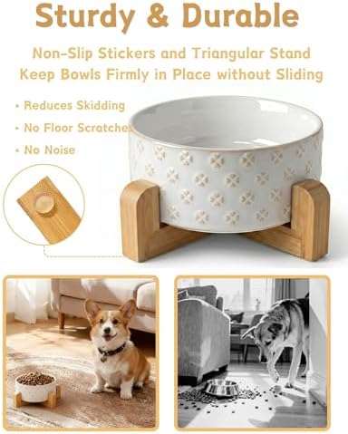 TRUVIC Ceramic Dog Bowl with Wood Stand, Jun Blanc Four-Leaf Clover Relief Dog Food and Water Bowl, 2 Cup/14 oz Puppy Food Bowl for Medium Dogs, Dishwasher Safe, Modern Geometric, Four-Leaf Clover - Image 4