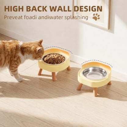 Elevated Cat Bowls, 2P Raised Cat Food and Water Bowl Set for Indoor Cats, Splash Proof with 2 Stainless Steel Pet Food Bowls for Cats ＆ Puppies, Whisker Friendly and Dishwasher Safe - Yellow - Image 3