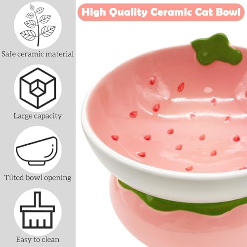 Hamiledyi Ceramic Raised Cat Bowls 15° Tilted Elevated Kitten Food Water Bowl Shallow Whisker Fatigue Kitty Dish Fruit Pet Feeding Bowls Feeder for Indoor Cats Small Dog (Pink Strawberry) - Image 2