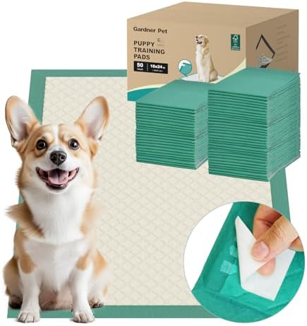 Gardner Pet Puppy Pee Pads Large 18"x24", 50 Count, Dog Pee Pads with Adhesive Sticky Tape, Max Absorbency, Leak Prevention Disposable Training Bed Pad for Doggie, Cats, Rabbits, Crate/Cage by GardnerPet