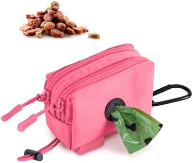 Dog Poop Bag Holder for Leashes, Pink Doggie Waste Bag Dispenser and Treat Holder, with Carabiner Hook and Poop Bag Clip, Used Waterproof Wear-Resistant Fabric and 2 Zippered Pouches for Walking by PawistaPal