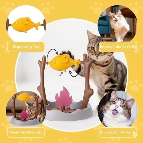Cat Slow Feeder, Interactive Cat Puzzle Toy Treat Dispenser - BBQ Campfire Grill Design, Adjustable Rotating Fish Flame Mental Stimulation Food Dispensing Toy for Indoor Cats Kittens-Fat Fish - Image 5
