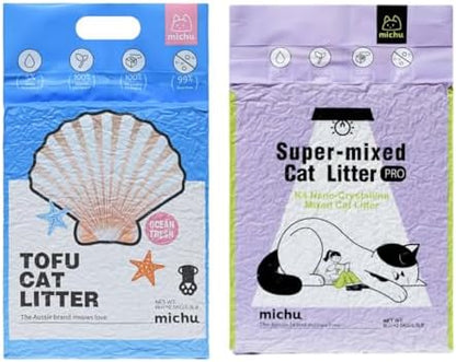 Michu Tofu Cat Litter Natural Clumping Tofu Cat Litter 5.5lb/88oz 5 Scents (Ocean Fresh + Mixed, 2 Pack) by Michupet