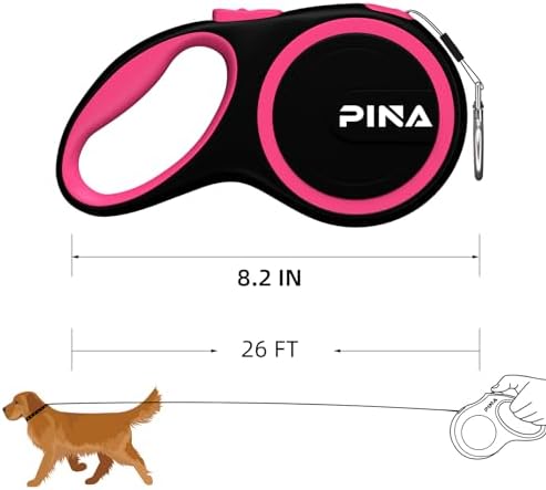 PINA Retractable Dog Leash, 26ft Dog Leash for Small Medium Large Dogs Up to 110lbs, 360° Tangle-Free Strong Reflective Nylon Tape, with Anti-Slip Handle, One-Handed Brake, Lock - Black Pink - Image 6