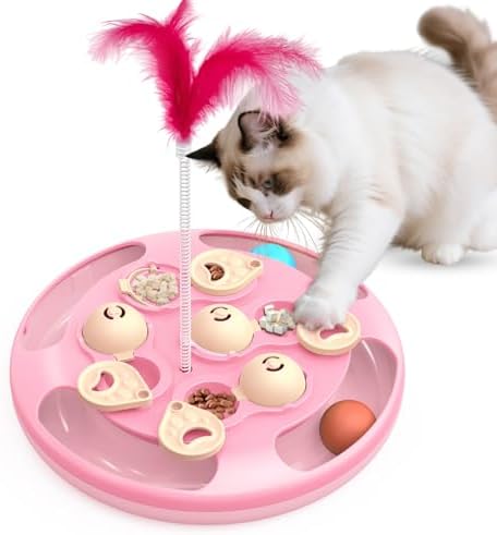 3 in 1 Cat Treat Puzzle Feeder, Level 3 Interactive Cat Puzzle Toy with Track Balls, Feather Teaser & Slow Feeder Insert, Non-Slip Base, Mental Stimulation for Bored Indoor Cats, Pink by CGBD