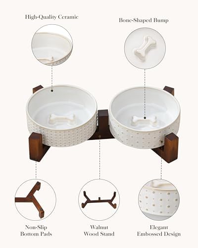 MALACASA Dog Bowl Set, Ceramic Bowls with Walnut Wood Stand, 2 Cups - Image 5