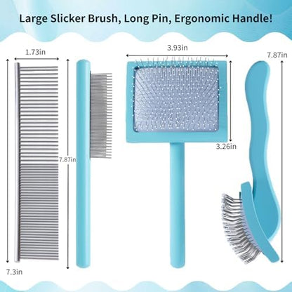 Blue Slicker Brush Long Haired Dog Wooden Handle Coated Pins - Image 3