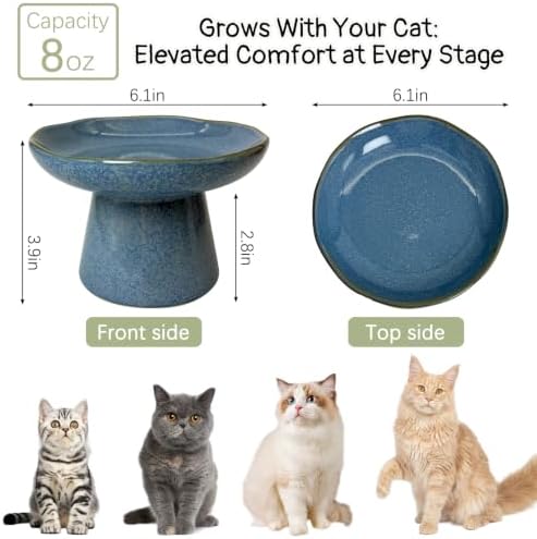 VCEPJH Elevated Cat Bowls 6.1in Shallow Cat Food Plate Pack of 2 Ceramic Raised Cats Dish Flat Anti Whisker Fatigue Wide Pet Food & Water Feeder for Indoor Kitty Kitten (Blue) - Image 2