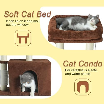 PEEKAB Small Cat Tree Tower,Scratching Post with Condo and Perch for Indoor Cats and Kittens,with Dangling Ball Massage Brush,Brown - Image 3