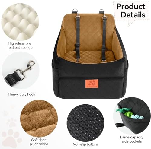GL GLENSLAVE Dog Car Seat for Small/Medium Dogs, Dog Booster Car Seats with Thick Cushion for Dogs Under 35lbs, Detachable Washable Pet Carseat with Storage Pockets, 2 Safety Belts(Black/Coffee) - Image 4