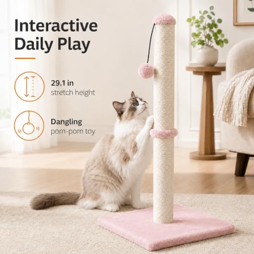 Dimaka Tall Cat Scratching Post, Claw Scratcher with Sisal Rope and Covered with Soft Smooth Plush, Vertical Scratch [Full Strectch] for Standard Size Cats (Pink, 34 inches for Large Cats) - Image 7