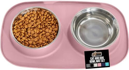 GORILLA GRIP Dog Bowl Set with Feeding Mat, 304 Stainless Steel, 2 Cup Pink by GorillaGrip