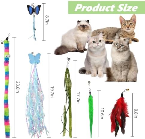 Cat Wand Refills, [9 Pack] Interactive Cat Toys Replacement with Feather, Worm, Ribbon, Caterpillar, Butterfly Attachments, Retractable Cat Teaser Wand Refill - Image 5