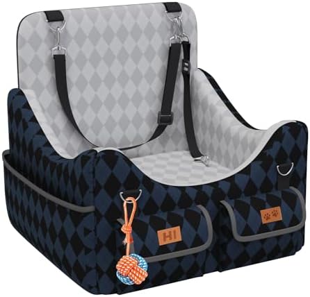 Dog Car Seat for Small/Medium Dogs up to 35lbs, 4-Pocket Storage Memory Foam Dog Booster Seat, Detachable Washable Pet Car Seat with Safety Belt, Outdoor & Indoor Use (Dark Blue/Black) by Unknown
