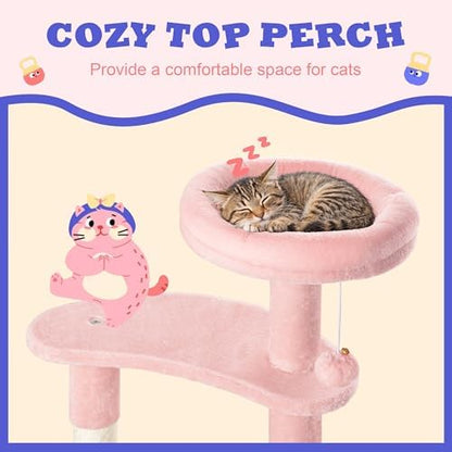 Allewie 55.5 in Cat Tree for Indoor Kitties/Soft Plush Perches/Multi-Level Cat Tower/Sisal Scratching Posts/Crescent Plates/Round Jumping Board/Hanging Ball/Pet Activity Center/Pink - Image 3