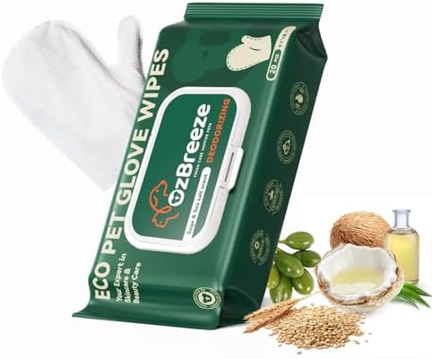 Pet Glove Wipes for Dogs & Cats, Hypoallergenic No Rinse Cleaning Grooming Gloves, Extra Thick Coconut Oil Infused Fur Nourishing & Deodorizing Wipes, 20PCS by FreshCareHappierPets
