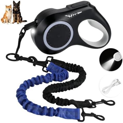 16.4ft LED 360° Dual Retractable Dog Leash for Medium Dogs 35–55 lbs, USB Rechargeable LED Light, 360° Tangle-Free, Detachable Front Lead & Emergency Ready, Reflective Elastic(Black) by VEThalasynTech