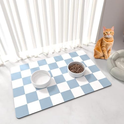 Pet Feeding Mat, 16"x 24" Absorbent Dog Food Mat, Checkered Cat Bowl Mats, Easy to Clean Pet Placemats, Quick Dry Dog Water Dispenser Mats for Messy Drinkers, Blue & White by BLESWIN