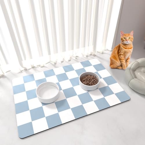 Cat Food Mat - 12"x 20" Cat Dog Mats for Food and Water Bowl, Checkered Pet Placemat Feeding Mat, Non-Slip Under Pet Bowls Mats for Messy Drinkers, Blue & White by BLESWIN