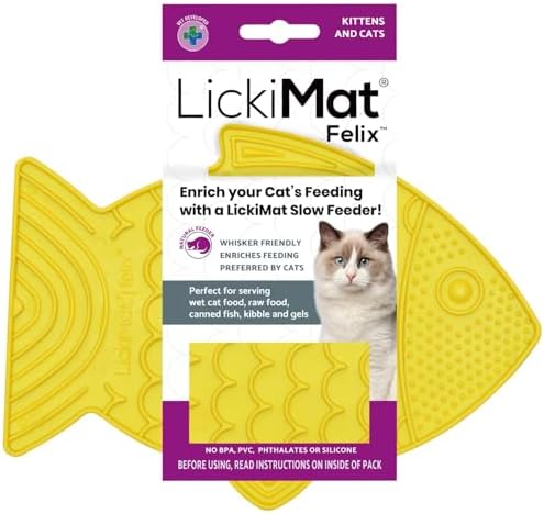 LickiMat Felix, Fish-Shaped Cat Slow Feeders Lick Mat, Boredom Anxiety Reducer; Perfect for Food, Treats, Yogurt, or Peanut Butter. Fun Alternative to a Slow Feed Cat Bowl or Dish, Yellow by LICKIMAT