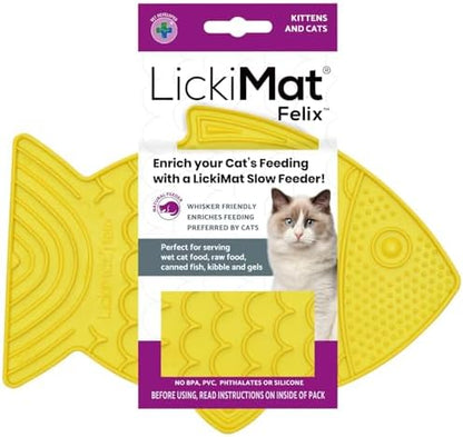 LickiMat Felix, Fish-Shaped Cat Slow Feeders Lick Mat, Boredom Anxiety Reducer; Perfect for Food, Treats, Yogurt, or Peanut Butter. Fun Alternative to a Slow Feed Cat Bowl or Dish, Yellow by LICKIMAT