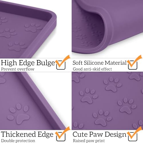 2 Pack Dog Food Mat Anti-Slip Bowl Mats for Food and Water, Waterproof Silicone Pet Placemat with High Raised Edges, Non-Slip Puppy Feeding Tray for Small, Medium Large Cats Dogs, Purple, 11.8"x11.8" - Image 3