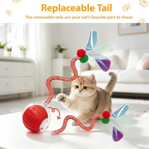 Interactive Cat Toys Ball for Indoor Cats, Automatic Self-Rolling, Motion-Activated, Bird Chirping Cats Dogs Ball Toy with Elastic Mesh Tail, Cat Enrichment Toys for Indoor Cats (Red) - Image 4