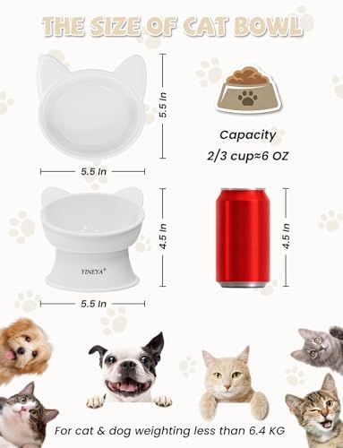 YINEYA Cat Bowls, Cat Food Bowl Elevated to Protect Neck & Anti-Vomit, Whisker-Friendly Raised Food & Water Bowls for Indoor Cats/Small Dogs, Cute Pet Feeding Bowl 6 OZ Each, Dishwasher Safe, White - Image 4